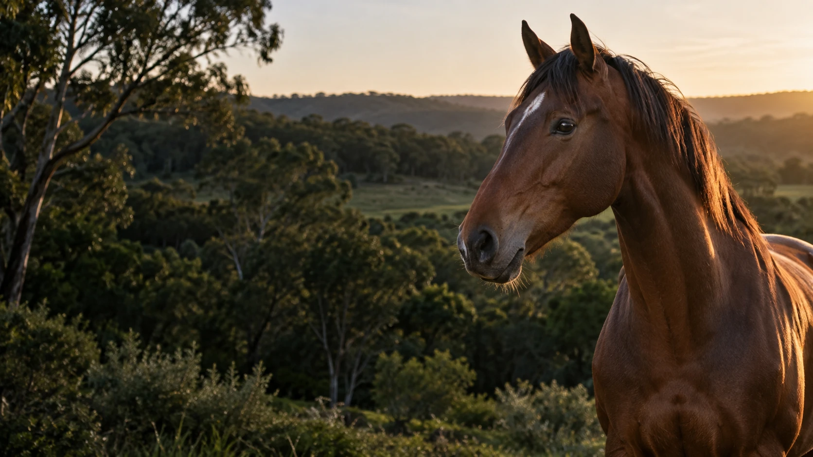 Bay horse in a sunlit Australian paddock